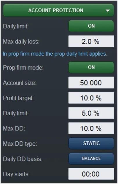 Account protection settings: daily limit on, max daily loss 2.0 %, prop firm mode on, account size 50 000, daily limit 5.0 %, max DD 10.0 % static